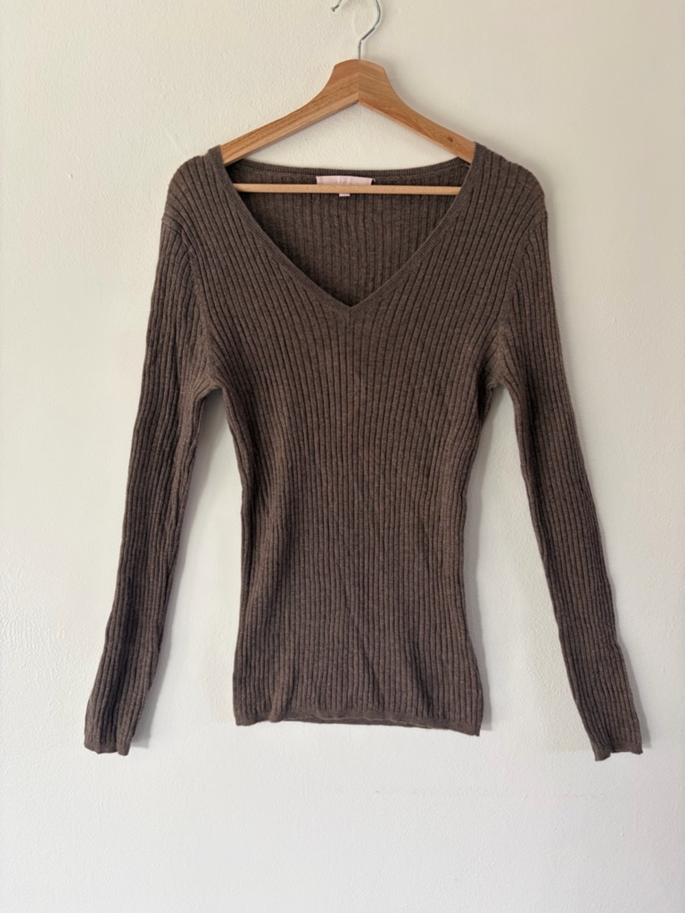The Cashmere Project Brown Ribbed Knit Long Sleeve V-Neck Sweater Size Large